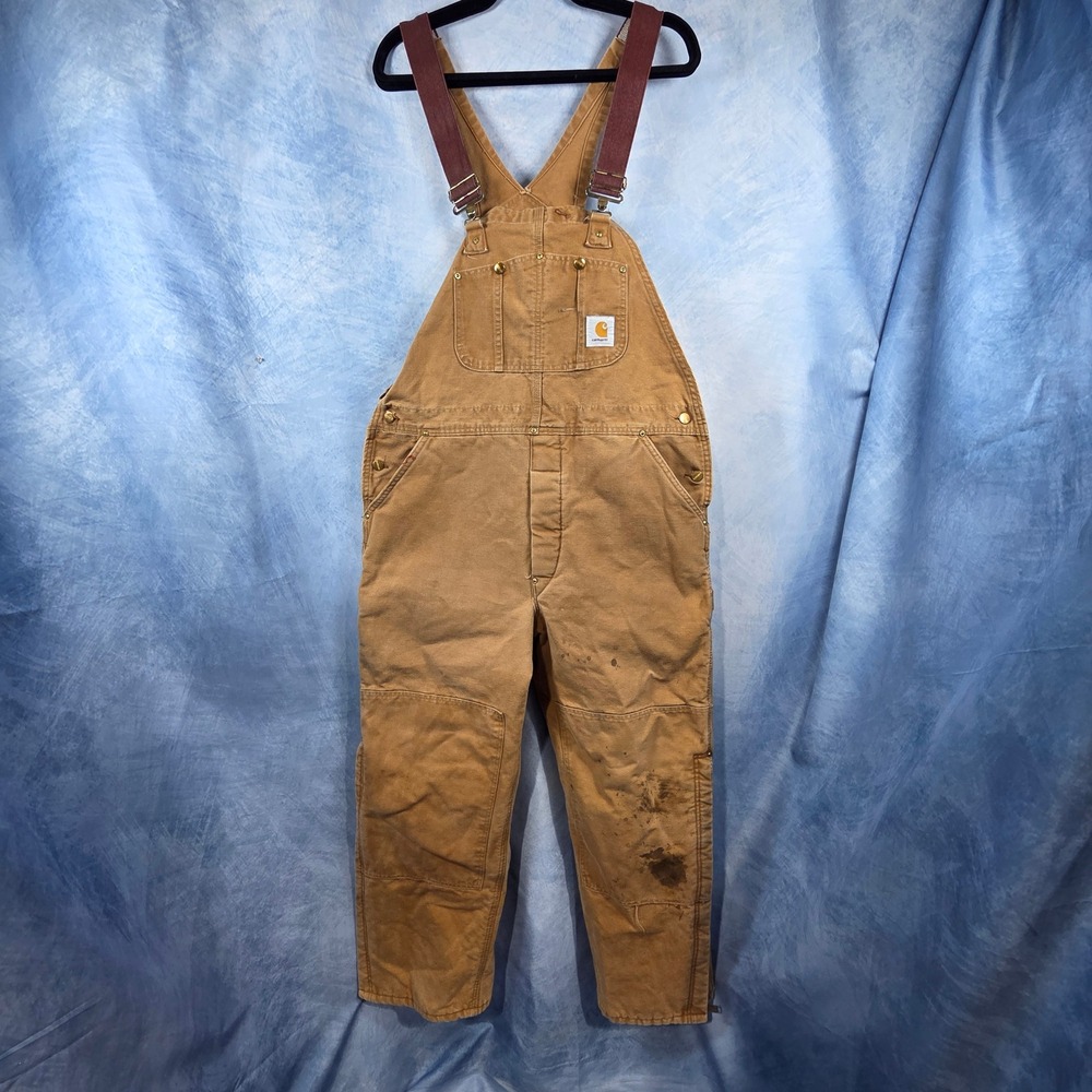 Vintage Carhartt 6FBQZ Quilt Lined Double Knee Bib Overalls Tan USA Made 40x32
